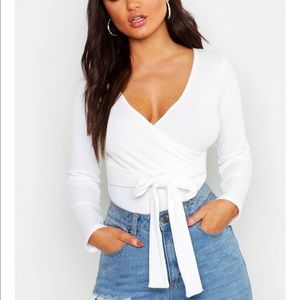 Boohoo Ribbed White Wrap Tie Body Suit - Size 6
